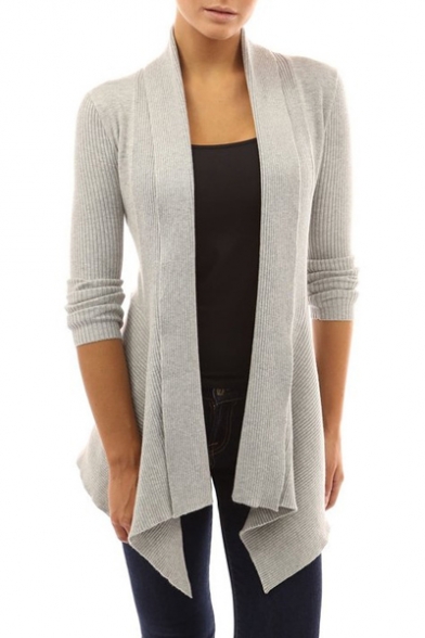 Hot Fashion Simple Plain Open Front Long Sleeve Asymmetrical Hem Fitted Cardigan