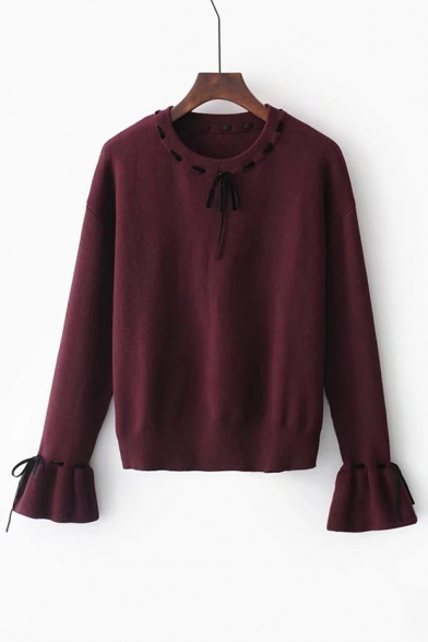 New Arrival Ribbons Tie Embellished Round Neck Long Sleeve Flared Cuff Sweater