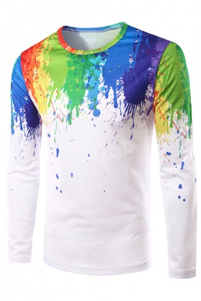 New Stylish Splash-Ink Printed Round Neck Long Sleeve Leisure T-Shirt