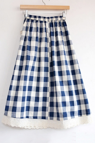 Retro Plaids Printed Chic Lace Inserted Hem Elastic Waist Buttons Down Midi A-Line Skirt