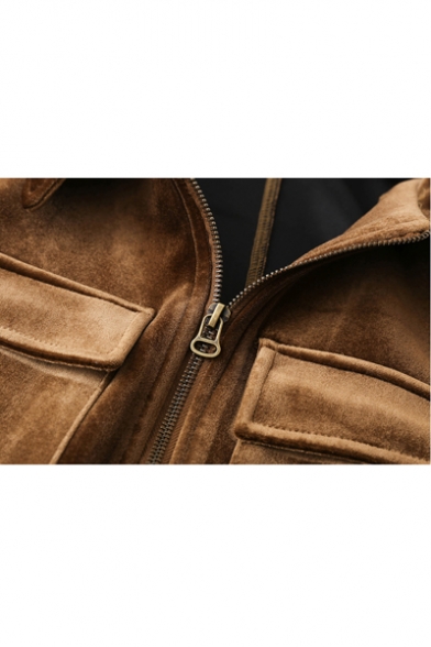 Retro Velvet Plain Long Sleeve Lapel Collar Zip Placket Coat with Double Pockets