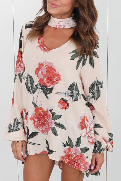 Summer's Chic Floral Printed V Neck Long Sleeve Casual Pullover Blouse