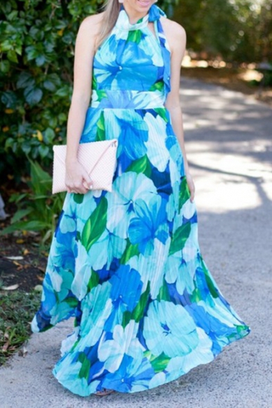 Summer's Fashion Floral Printed Halter Neck Sleeveless Maxi Beach Dress
