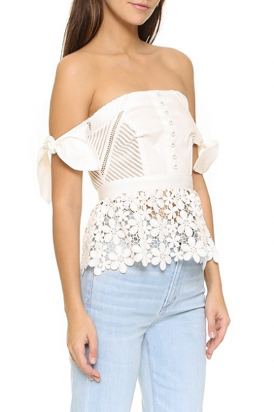 Summer's Sexy Off The Shoulder Bow Tie Sleeve Lace Inserted Trim Plain Blouse