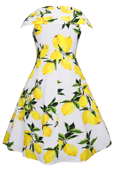 Vintage Summer's V Neck Sleeveless Lemon Printed Midi Flared Dress