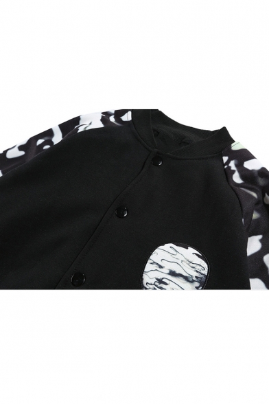 Camouflage Print Long Sleeve Stand Up Collar Buttons Down Sports Baseball Coat