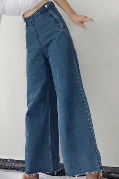 Chic High Waist Zip Fly Side Plain Raw Edge Loose Wide Legs Jeans