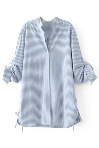 Chic Lace-Up Side Long Sleeve Classic Striped Printed Buttons Down Shirt