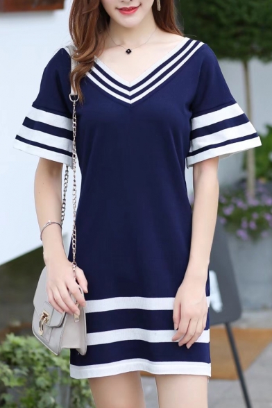 Color Block Striped Printed V Neck Short Sleeve Mini Casual T-Shirt Dress