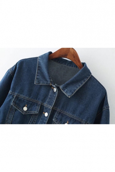 Contrast Stitching Lapel Collar Long Sleeve Buttons Down Denim Jacket