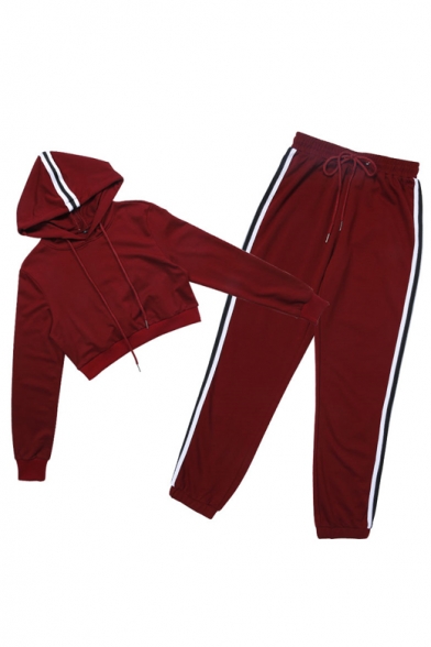 Fashion Cropped Long Sleeve Plain Hoodie with Striped Side Sports Pants