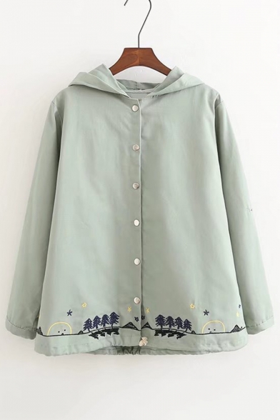 Forest Embroidered Hem Long Sleeve Hooded Single Breasted Cotton Coat