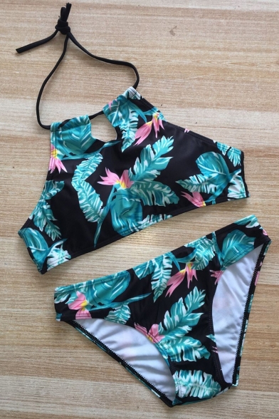 Holiday Beach Summer's Leaves Pattern Halter Neck Sleeveless Swimwear