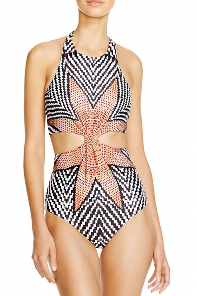 Hot Fashion Geometric Leaf Printed Cut Out Waist One Piece Swimwear