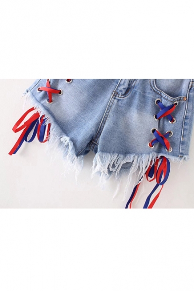 New Collection High Waist Colorful Ribbons Embellished Fringe Hem Denim Shorts
