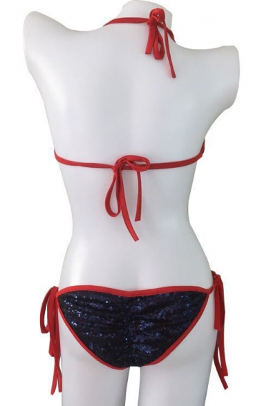 New Fashion Sequined Embellished Halter Neck Itsy String Bottom Color Block Bikini Swimwear