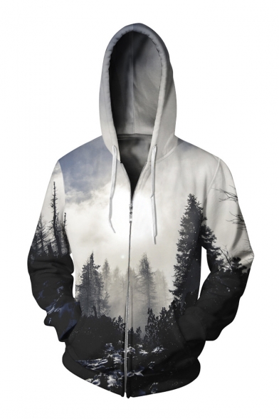 New Stylish Zip Up Long Sleeve Digital Forest Leisure Hoodie