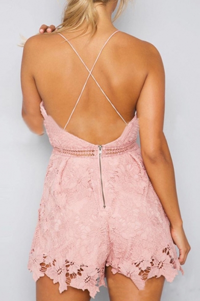 Sexy Backless Chic Lace Inserted Spaghetti Straps Plain Rompers