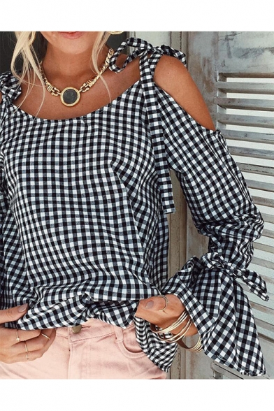 Summer's Classic Plaids Printed Cold Shoulder Long Sleeve Leisure Blouse