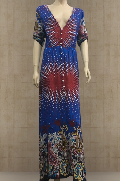 Summer's Holiday Plunge Neck Half Sleeve Tribal Printed Buttons Down Maxi Dress
