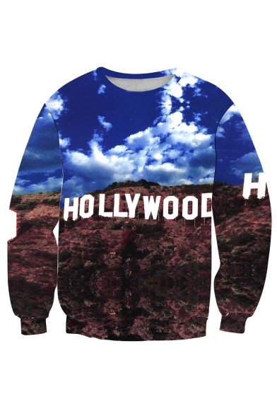 Blue Sky And Red Foreset Print Round Neck Long Sleeve Pullover Sweatshirt
