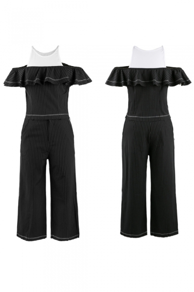 Chic Ruffle Front Cold Shoulder Top with Cropped Wide Leg Pants Striped Co-Ords