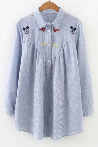 Cute Embroidery Mickey Pattern Lapel Long Sleeve Striped Tunic Shirt
