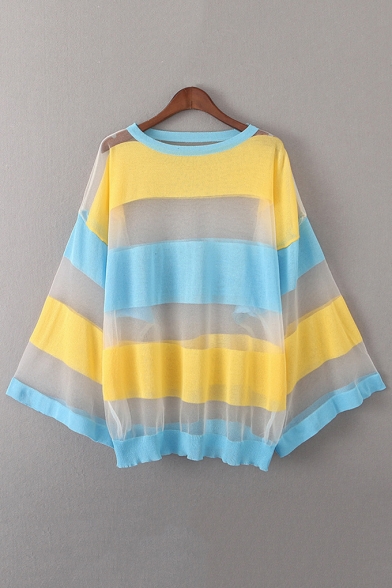 Fashion Color Block Striped Printed Round Neck Batwing Sleeve Sheer Mesh Sweater