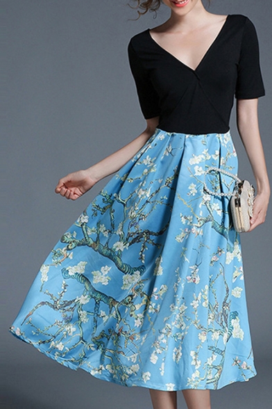 Fashion Plunge Neck Short Sleeve Floral Pattern Midi A-Line Dress