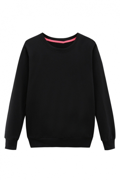 Korean Style Round Neck Long Sleeve Pullover Plain Cotton Sweatshirt