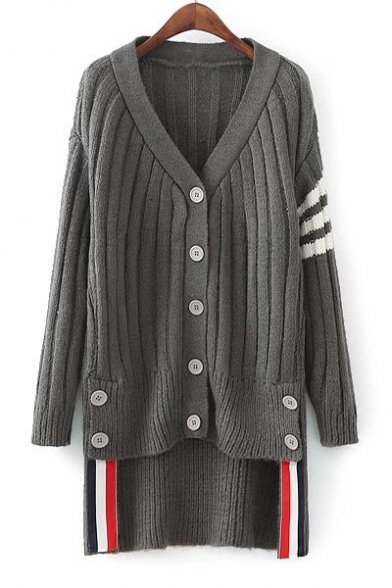 New Arrival Fashion High Low Hem Long Sleeve Striped Print Buttons Down Cardigan