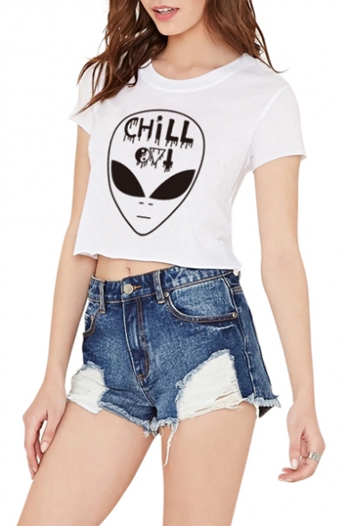 New Collection Alien Printed Round Neck Short Sleeve Cropped T-Shirt