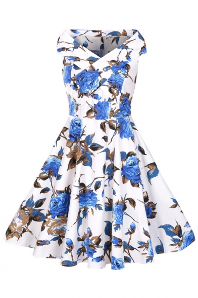 

New Fashion Vintage Floral Pattern V Neck Sleeveless Midi Flared Dress, LC445558