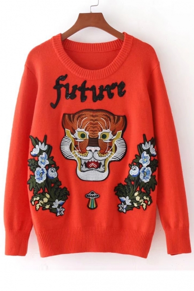 New Sequined Future Letter Embroidery Tiger Pattern Round Neck Pullover Sweater
