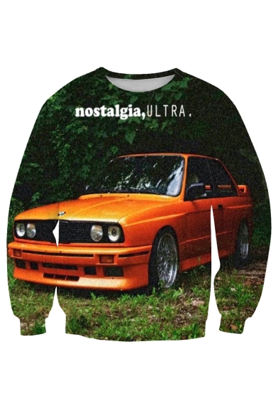 Orange Car Print Round Neck Long Sleeve Pullover Sweatshirt