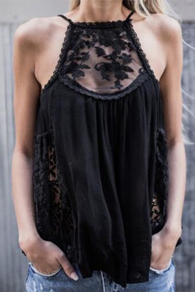 Sexy Lace Inserted Hollow Out Sleeveless Plain Chiffon Cami Top