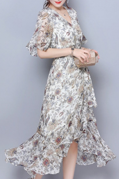 Summer's Chiffon Floral Printed V Neck Half Sleeve Midi A-Line Asymmetrical Dress