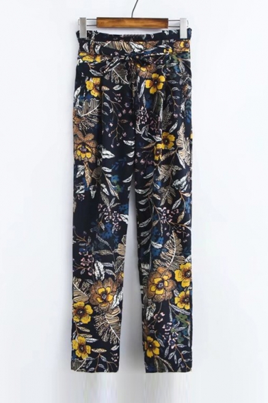 Summer's Holiday Beach Floral Printed Tied Waist Tapered Pants