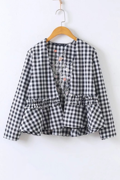 Chic Floral Embroidered Plaids Printed Open Front Long Sleeve Coat