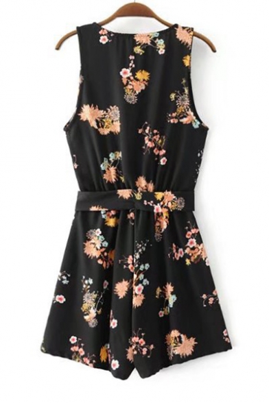 Chic Floral Printed Plunge Neck Sleeveless Tie Waist Casual Leisure Rompers