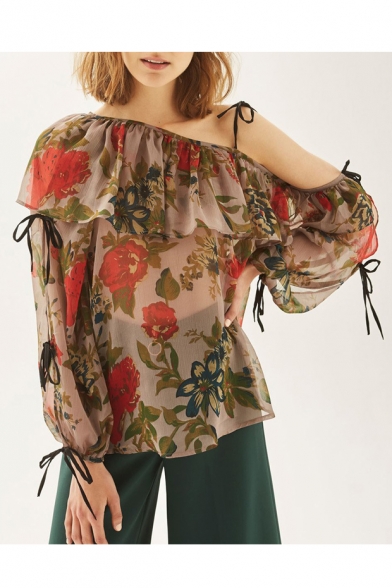 Chic Floral Printed Ruffle Hem One Shoulder Long Sleeve Sexy Sheer Blouse