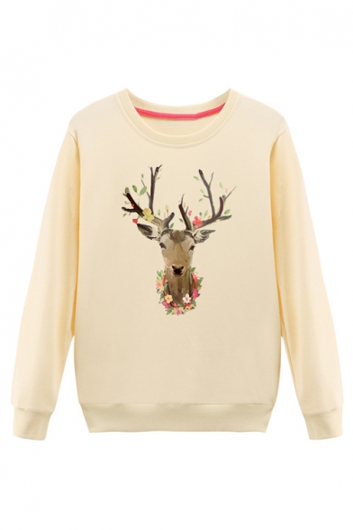 Chic Sika Deer Pattern Simple Round Neck Long Sleeve Pullover Sweatshirt