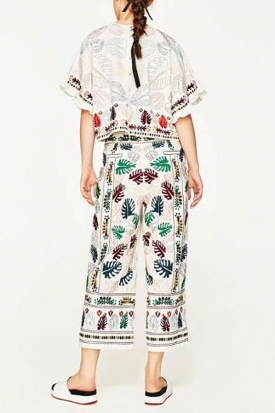 Chic Tribal Print Embroidered Summer's Holiday Loose Wide Legs Pants