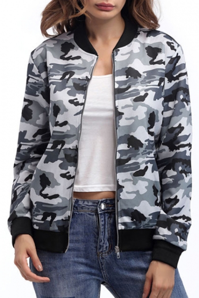 Classic Camouflage Pattern Stand Up Collar Long Sleeve Zip Up Baseball Jacket