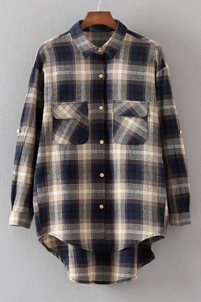 Classic Plaids Pattern Lapel Collar Long Sleeve Dipped Hem Cotton Buttons Down Shirt