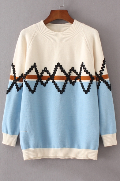 Color Block Geometric Pattern Long Sleeve Round Neck Pullover Sweater