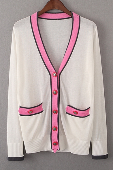 Fashion Color Block Long Sleeve Comfort Buttons Down Cardigan with Pockets