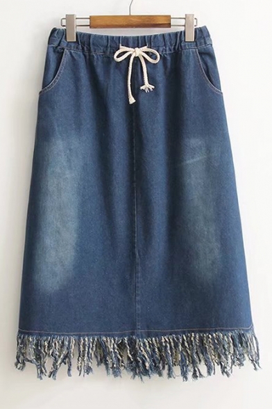 Fresh Drawstring Elastic Waist Tassel Hem Midi A-Line Denim Skirt