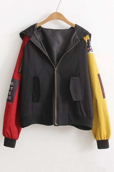 Letter Patched Color Block Zip Up Long Sleeve Hooded Casual Coat