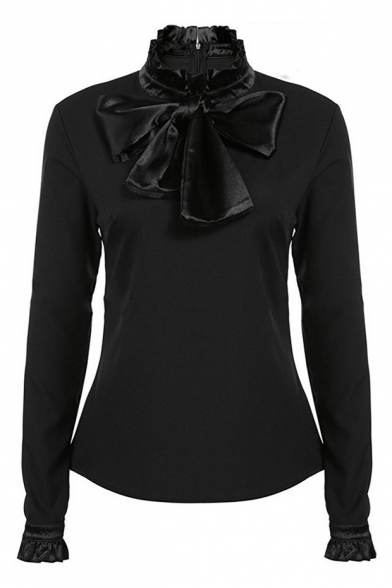 Long Sleeve Ruffle Cuff High Neck Bow Tie Plain Pullover Blouse